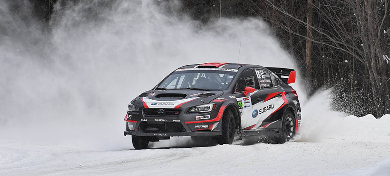 Travis Pastrana’s Subaru running the American Rally Association’s first event, Rallye Perce-Neige. Photo credit: Subaru